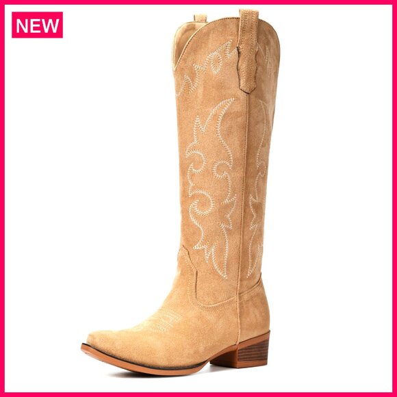 Knee High Suede Cowboy Boots Pointed Toe Low Heel Embroidered